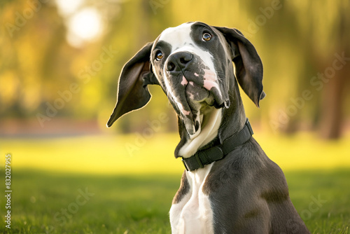 Great Dane dog sitting on grass in a park looking alert and friendly perfect for pet and outdoor photography themes
