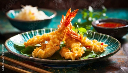 Fried Shrimp - Japanese Tempura presented in a Tasteful Way - Battered Gamba Deep Fried - Juicy Delicious Japanese Cuisine - Asian Food