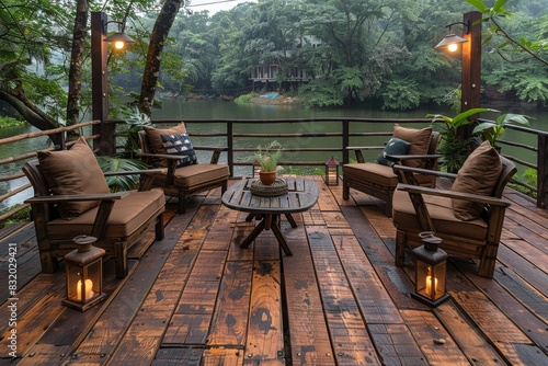 Luxurious outdoor deck with wooden flooring, plush seating, and a stunning view of a calm river, perfect for relaxation and entertaining