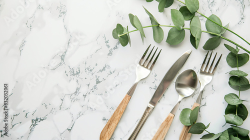 Stylish setting with cutlery and eucalyptus leaves 