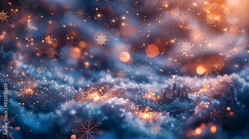 The winter night sky comes alive with fire swirling among delicate snowflakes and luminous balls
