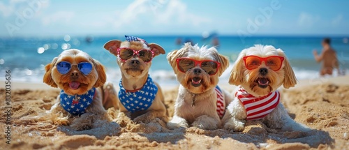 Cute dogs wearing sunglasses and bandanas enjoy a sunny day at the beach, laying on the sand with the ocean in the background.