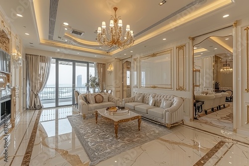 Luxurious living room with chandelier lighting, beige furniture, and marble flooring, creating an opulent and elegant space for entertaining
