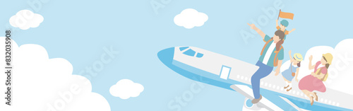バナー 旅行 夏 空 飛行機 ひまわり フレーム 人物 家族 背景 コピースペース イラスト素材