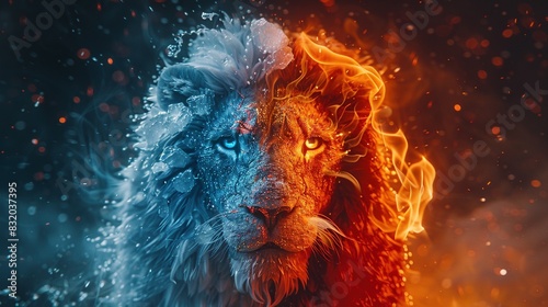 A powerful elemental creature – a lion sculpted from ice, its fiery breath forming smokey tendrils in the cold night air