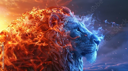 A majestic ice lion, its mane ablaze with fire, shrouded in swirling smoke against a dark, starlit sky