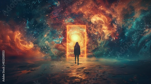 A silhouette of a person standing in front of a shimmering portal, representing the uncertainty and infinite possibilities of time travel.