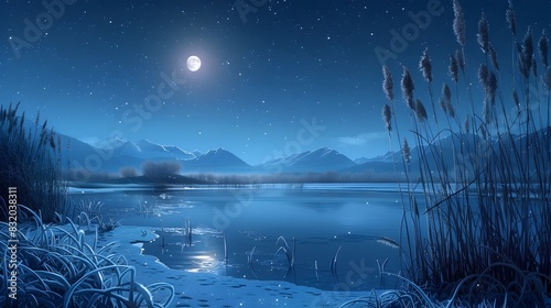 Frozen Lake Under Starry Night Sky with Moonlight Reflection and Distant Mountains