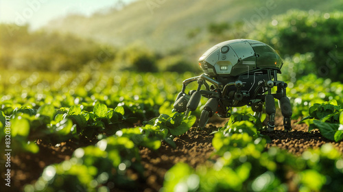 ロボットが農場で作物を収穫しているシーン, Scene of robots harvesting crops on a farm.