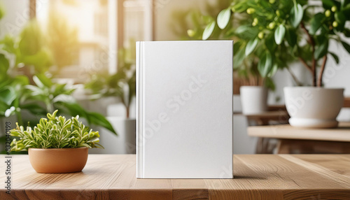 Mock-up of blank white book with hard cover on wooden table. Empty template. Close up