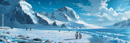 landscape illustration north pole with few penguins
