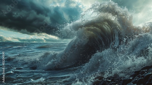 A dynamic wave crashing against a rocky shore portraying the risks and uncertainty of the crypto market.