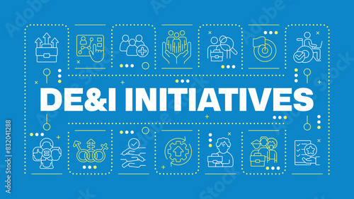 DEI initiatives blue word concept. Diversity, equity and inclusion.Workplace culture. CSR. Horizontal vector image. Headline text surrounded by editable outline icons. Hubot Sans font used