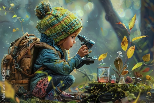 A curious girl with a backpack full of specimens, examining a leaf or feather under her trusty toy microscope