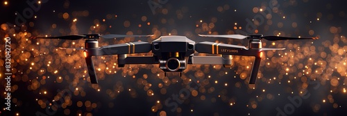 Advanced Quadcopter Drone with Bright Neon Lights Hovering in Dark Space