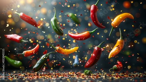 Jalapeno peppers in chaotic flight against vibrant backdrop of bright spotty colors