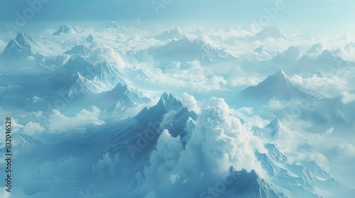 a dreamlike landscape where 2D clouds float among 3D mountains, serene and surreal
