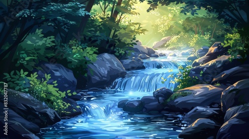 a flowing river with smooth rocks and soft water movement, surrounded by greenery