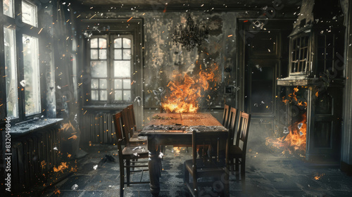 An old, abandoned houses dining room is burning, with flames spreading over the table and surrounding area, creating an intense and dangerous atmosphere