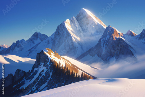 Majestic snow-capped peaks pierce a clear winter sky in this breathtaking mountain landscape