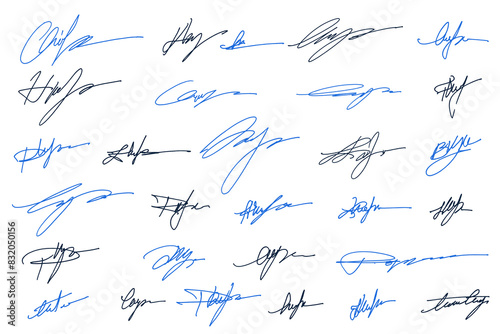 Handwritten collection of fake scribble signature in ink. Handwritten set of inked autographs. Collection of imaginary scribble signatures.