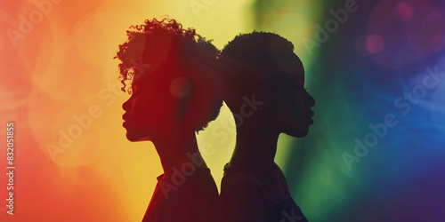 loving lgbt couple in silhouette, standing close together against a rainbow background celebrate pride month 