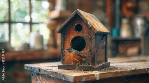 Crafting a wooden birdhouse in the workshop, with detailed shots of the process, highlighting a diverse family