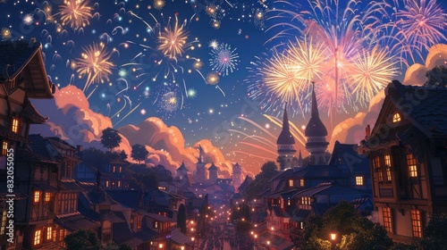 In a whimsical cartoon town, fireworks light up the night sky as residents celebrate Independence Day with joy and enthusiasm