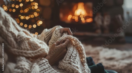 Knitting a cozy blanket by the fireplace, capturing the warmth and comfort of home with diverse participants and natural light