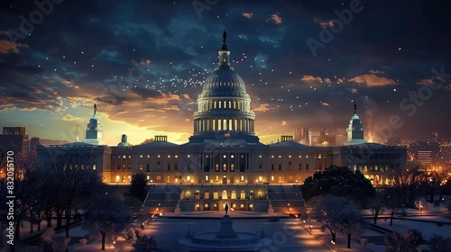 A 3D animated Capitol Building shines with patriotic pride, serving as a beacon of democracy on Independence Day