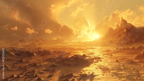 Stunning alien landscape with a golden sunset over rocky terrain, majestic mountains under dramatic sky, perfect for science fiction settings.