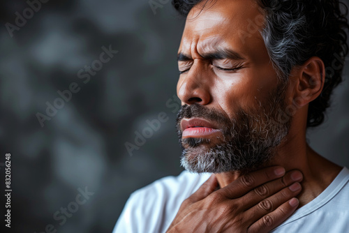 Thyroid gland inflammation, man with neck pain, sore throat and cough