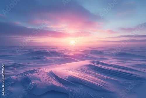 Soft pastel hues paint the sky above the frozen tundra as the sun dips below the icy horizon, casting a tranquil glow over the frigid landscape.