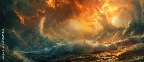Dramatic ocean storm with powerful waves crashing and fiery sky reflecting mesmerizing natural chaos and energy.