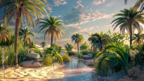 A tranquil desert oasis with palm trees soft sand and the calming sound of a gently flowing stream.