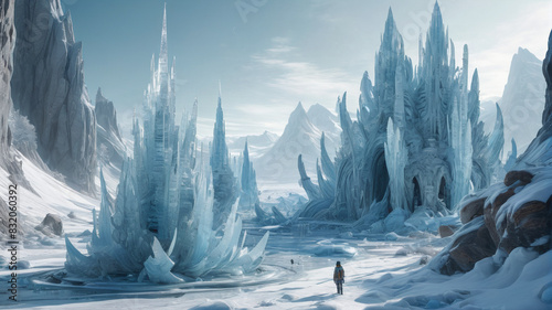 Amidst the icy expanse of Glacia, alien tribes thrive in harmony with nature, constructing elaborate ice palaces and sculptures, Generative AI