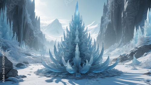 Amidst the icy expanse of Glacia, alien tribes thrive in harmony with nature, constructing elaborate ice palaces and sculptures, Generative AI