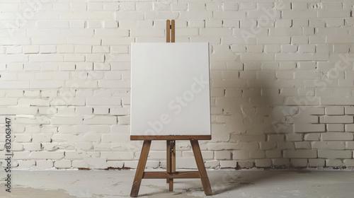 Wooden easel with blank canvas near white brick wall 