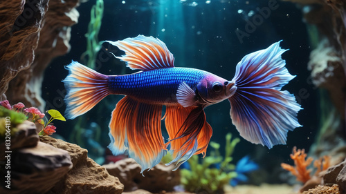 In the Hidden Grotto, betta fish with flowing fins explore the nooks and crannies of their underwater cave, their striking colors glowing in the dim light, Generative AI