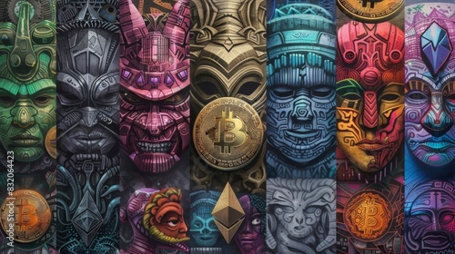 An intricate tapestry of different cultural masks each one representing a different cryptocurrency and highlighting the global reach and diversity of the digital currency phenomenon.