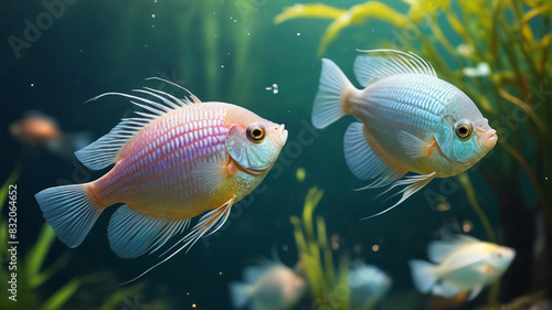 Within the Tranquil Pond, gouramis with shimmering scales glide through the still waters, their gentle presence adding to the pond's serene ambiance, Generative AI