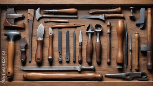 A collection of vintage woodworking tools, including chisels and hand planes, meticulously arranged on a wooden table, Generative AI