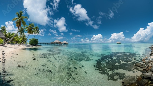 An ultra-wide panorama of a tropical paradise, showcasing a white-sand beach, a turquoise lagoon, palm trees swaying in the breeze