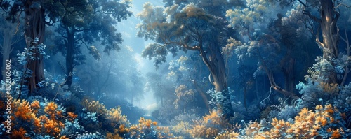 Bluetinted forests on Earth theme side view showing altered flora robotic tone Complementary Color Scheme