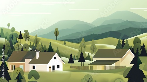 Farmhouses in mountains vector art flat design front view rural lifestyle theme 3D render Analogous Color Scheme 