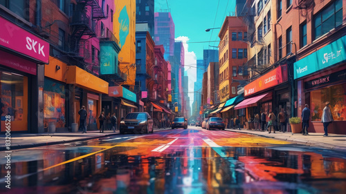 A colorful urban street painting, bustling with life and energy, where every detail of the cityscape is brought to life with vivid hues, Generative AI