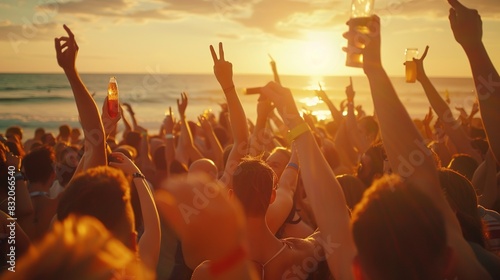 Beachside beats as the DJ sets the mood at the outdoor concert, crowds raising drinks and hands to the sky, soaking in the euphoria of the music against the backdrop of the ocean breeze.