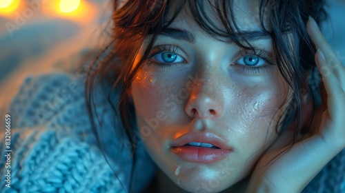 Atmospheric shot of a young woman with damp hair and dewy skin, holding a blanket, showcasing a reflective mood