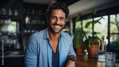 A handsome, smiling man casually posed in a modern cafe exudes friendliness and charm