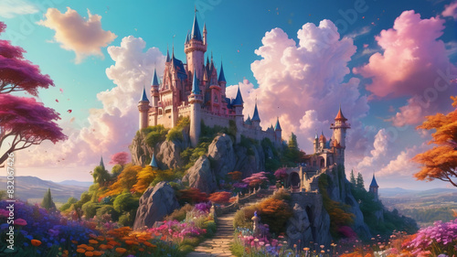 A whimsical painting of a fairy-tale castle perched on a hill, with colorful gardens and a dreamy sky, evoking a sense of wonder, Generative AI
